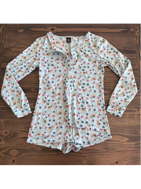 Womens Christmas Pajama Romper M Blue Reindeer Print Cozy Lounge